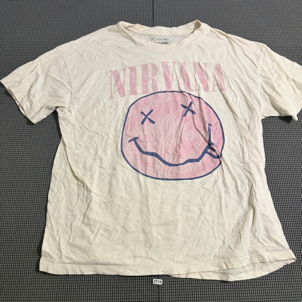 American Eagle Nirvana Smiley Face Graphic Band Tee Ivory Pink Size M
